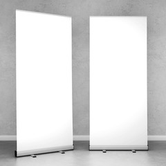 Blank roll up banners template. 3D rendering