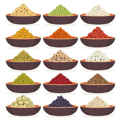 Bowls of dried cereals and legumes isolated on white background