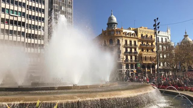 Working fountain on the Ajuntament square in Valencia Spain on 02 March 2017
