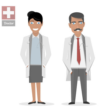 Male doctor and female nurse. Medical people. Flat style vector illustration.