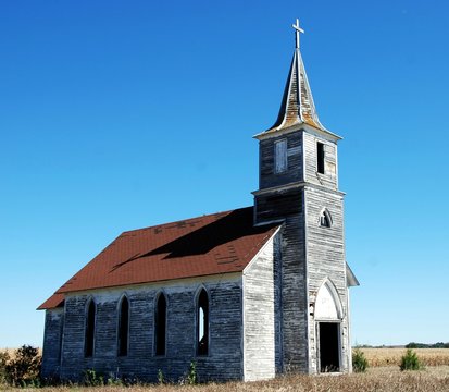 Abandoned Christian  church on the Nebraska plains 