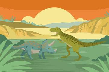 triceratops and tyrannosaurus in the jungle © matiasdelcarmine