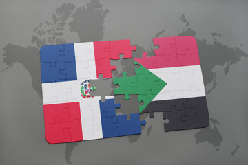 puzzle with the national flag of dominican republic and sudan on a world map