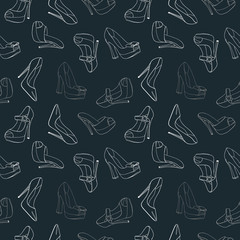 Seamless pattern hand drawn womens shoes on dark background
