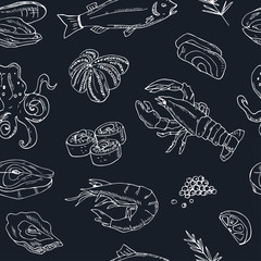 Vector seamless pattern with hand drawn seafood illustration - fresh fish, lobster, crab, oyster, mussel, squid and spice sketch.