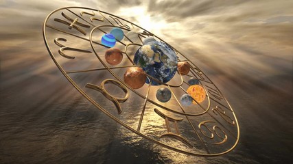 Rotating mystic golden zodiac horoscope symbol with twelve planets. 3D rendering 4K