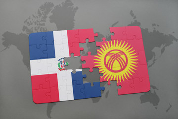 puzzle with the national flag of dominican republic and kyrgyzstan on a world map
