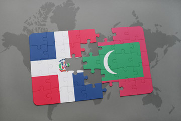 puzzle with the national flag of dominican republic and maldives on a world map