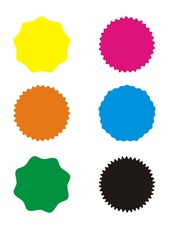Set of vector starburst, sunburst badges. Six different color. Simple flat style
