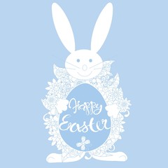 Typography banner Happy Eastern, blue egg and white Easter bunny on blue stock vector illustration