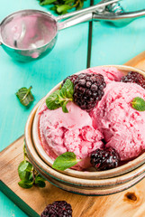 Berry ice cream in a small ice-cream bowls with blackberries and mint on a table, with berries and mint leaves and spoon on blue wooden table. Copy space