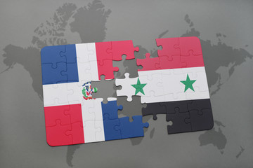 puzzle with the national flag of dominican republic and syria on a world map