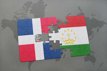 puzzle with the national flag of dominican republic and tajikistan on a world map