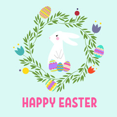 Colorful Happy Easter greeting card with flowers eggs and rabbit elements composition.