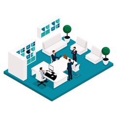 Obraz na płótnie Canvas Trend isometric people, concept, office manager rear view, a large table for meetings, negotiations, brainstorming, businessmen isolated on a light background
