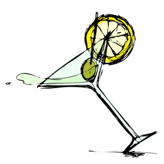 Hand drawn Martini with lemon and olive