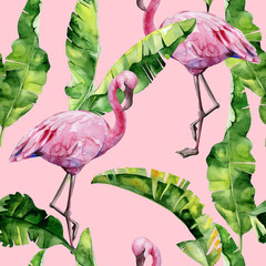 Tropical leaves, dense jungle. Banana palm leaves Seamless watercolor illustration of tropical pink flamingo birds. Trendy pattern with tropic summertime motif. Exotic Hawaii art background. 