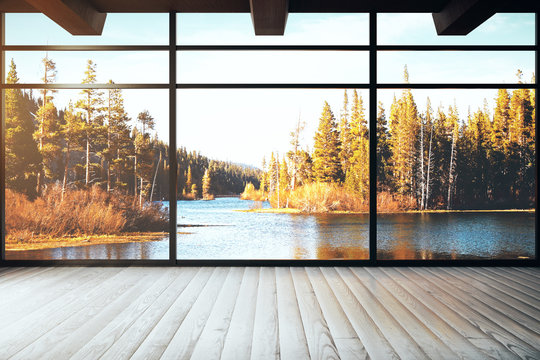 Fototapeta Loft interior with landscape view