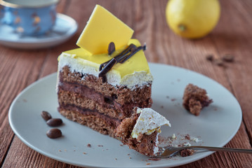 Delicious dessert cake with chocolate cream and coffee