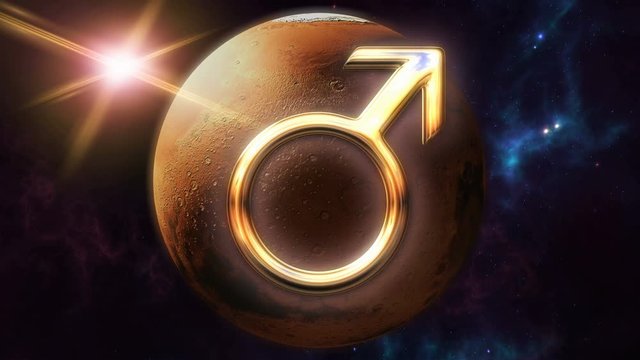 Animated mars zodiac horoscope symbol and planet. 3D rendering 4K