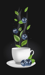Vector realistic illustration of a teacup with hot drink and vapouring steam. The vapour lifts above blueberries, drops and tea leaves. Concept image for a scented berry tea