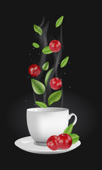 Vector realistic illustration of a teacup with hot drink and vapouring steam. The vapour lifts above cranberries, drops and tea leaves. Concept image for a scented berry tea