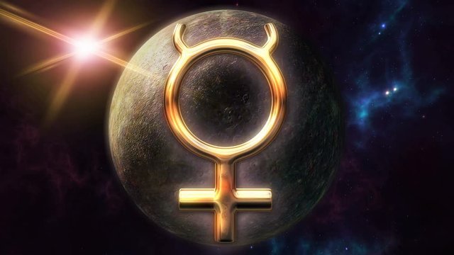 Animated mercury zodiac horoscope symbol and planet. 3D rendering 4K