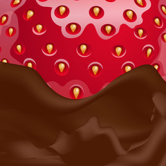Vector melted chocolate and strawberry in it. Close-up view.