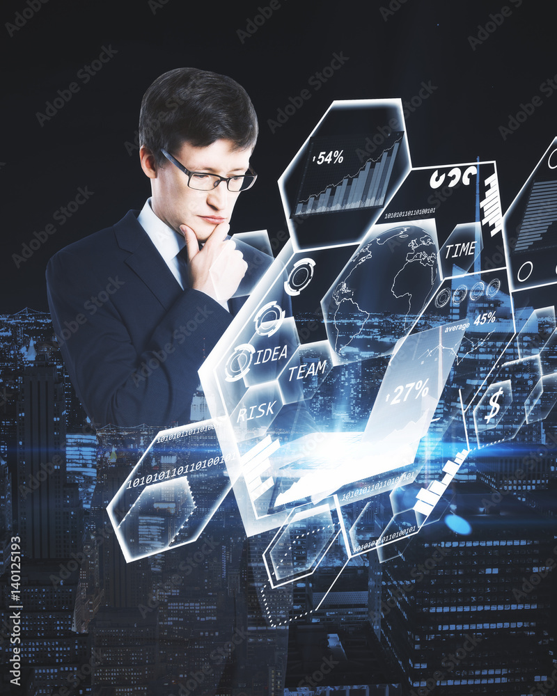 Poster man using laptop with charts