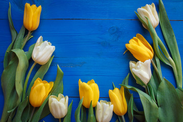 Row of tulips on blue wooden background with space for message. Women's or Mother's Day background. Top view