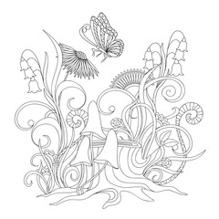 flowers, stump with roots and butterfly