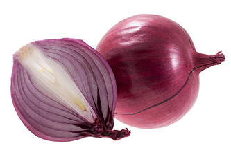 A raw purple onion with sliced pieces on a white background