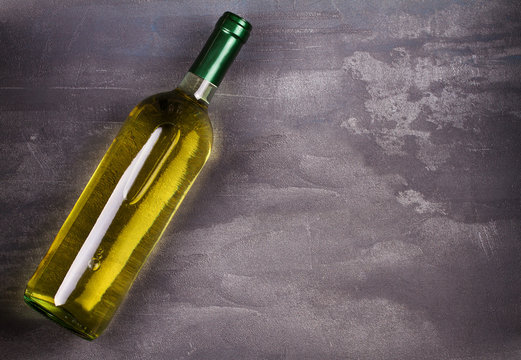 Glass And Bottle Of Red And White Wine With Grape. Wine Still Life. Food And Drinks Concept. View From Above, Top Studio Shot. Flat Lay, Top View With Copy Space