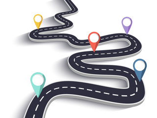 Winding Road on a White Isolated Background. Road way location infographic template with pin pointer. Vector EPS 10