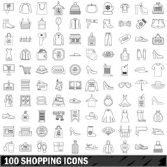 100 shopping icons set, outline style