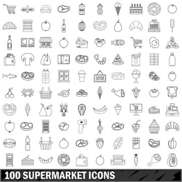 100 supermarket icons set, outline style