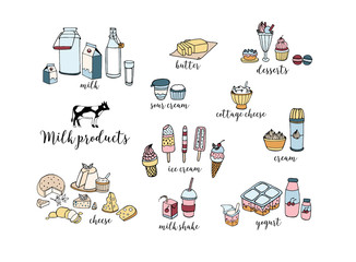 Set of hand drawn dairy products. Cheese, milk shake, butter, yogurt, cottage cheese, sour cream, desserts, cow. Vector colorful illustration on white background.