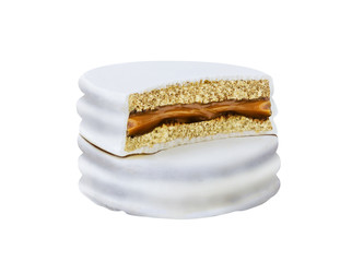 advice with bite white alfajor biscuit cookie, caramel filled and white background