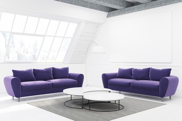 Two purple sofas and a table, side view