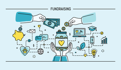 Fundraising. Line art flat vector illustration. Colorful.