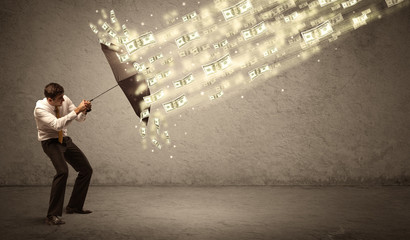 Business man holding umbrella against dollar rain concept