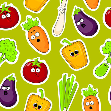 Cartoon vegetable cute characters face seamless vector illustration. Cartoon face food emoji. Vegetable emoticon. Funny food icons.
