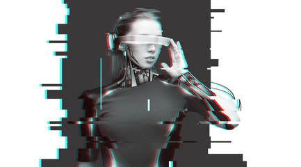 woman cyborg with futuristic glasses and sensors - obrazy, fototapety, plakaty