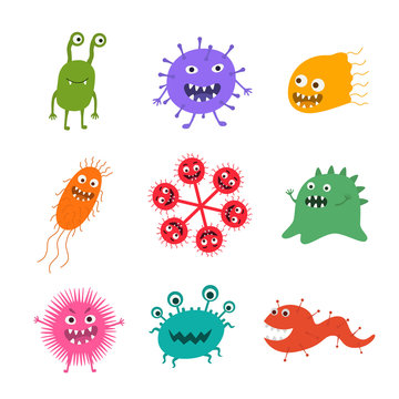 Cartoon virus character vector illustration. Cute fly germ virus infection vector and funny micro bacteria character.