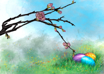 Painted Easter eggs lying in the grass on a spring meadow with flowers, with spring tree branch in blossom.  Easter resurrection vintage background with copy space for text. 