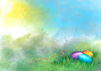 Fototapeta na wymiar Painted Easter eggs lying in the grass on a spring meadow with flowers. Easter resurrection vintage background with copy space for text. Digital watercolor style painting.