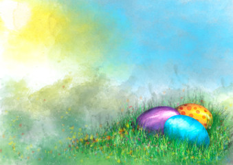 Painted Easter eggs lying in the grass on a spring meadow with flowers. Easter resurrection vintage background with copy space for text. Digital watercolor style painting.