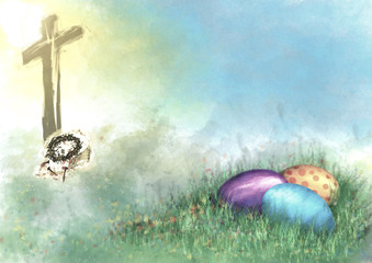 Easter resurrection religious background, with painted colorful Easter eggs in the grass, and empty cross with crown of thorns and nails. Abstract artistic watercolor style digital painting.