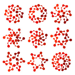 Isolated abstract red color round shape floral logo of connected dots collection, flower logotypes set on white background,nature elements vector illustration