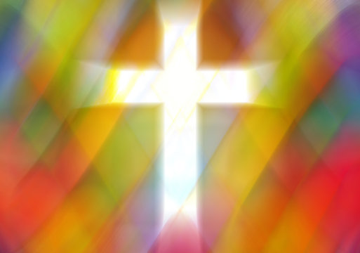 Light Cross Cut Out On An Abstract Pastel Colorful Background With Copy Space For Text, Rhombus Elements A In Church Stained Glass Window Style